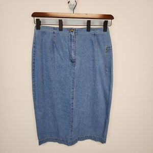 Vtg Tower Hill Sport Denim Cargo Maxi Midi Skirt Womens 18 34" Back Slit Flaw